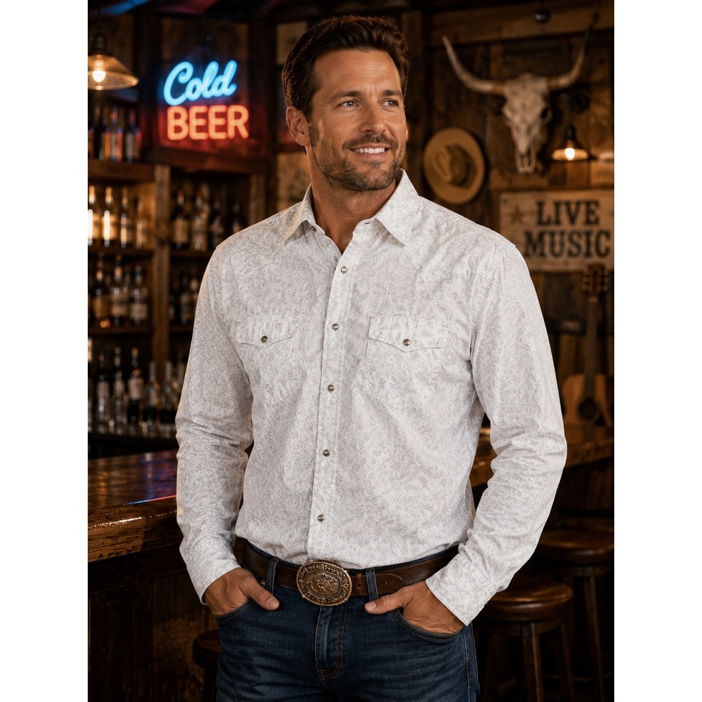 MOONSHINE Spirit Men's XL Long Sleeve White Paisley Shirt Western Pearl Snap
